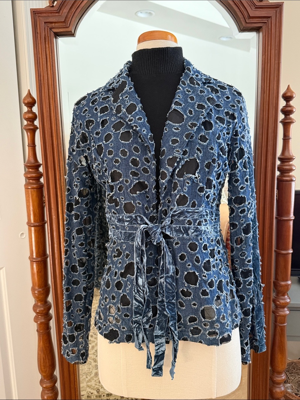 Women's Denim Blue Distressed Tie-Waist Jacket